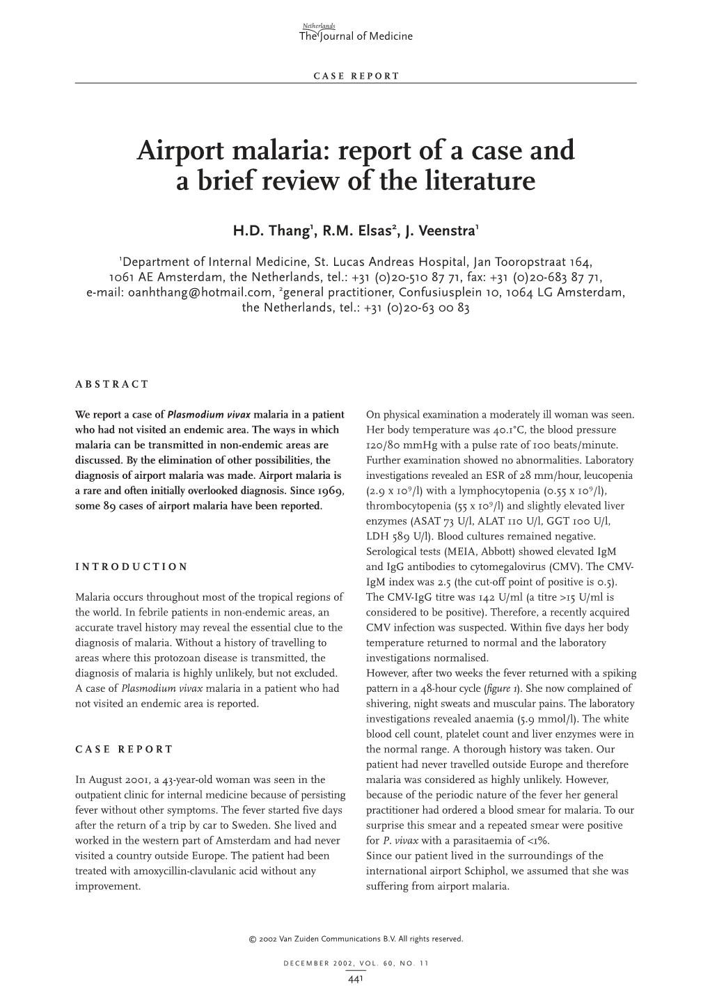 Airport Malaria: Report of a Case and a Brief Review of the Literature