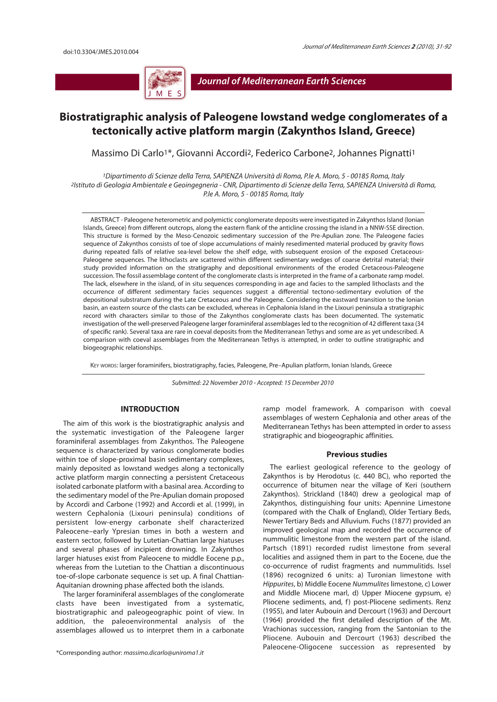 Biostratigraphic Analysis of Paleogene Lowstand Wedge Conglomerates of a Tectonically Active Platform Margin (Zakynthos Island, Greece)