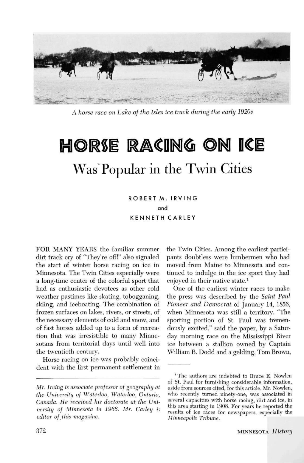 Horse Racing on Ice Was Popular in the Twin Cities