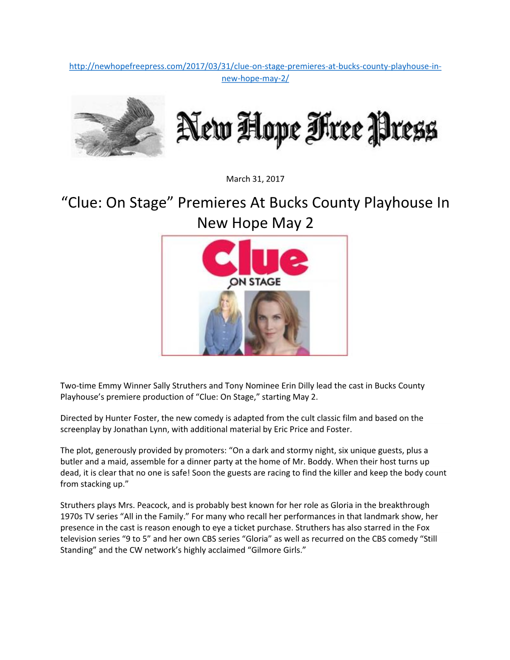 “Clue: on Stage” Premieres at Bucks County Playhouse in New Hope May 2