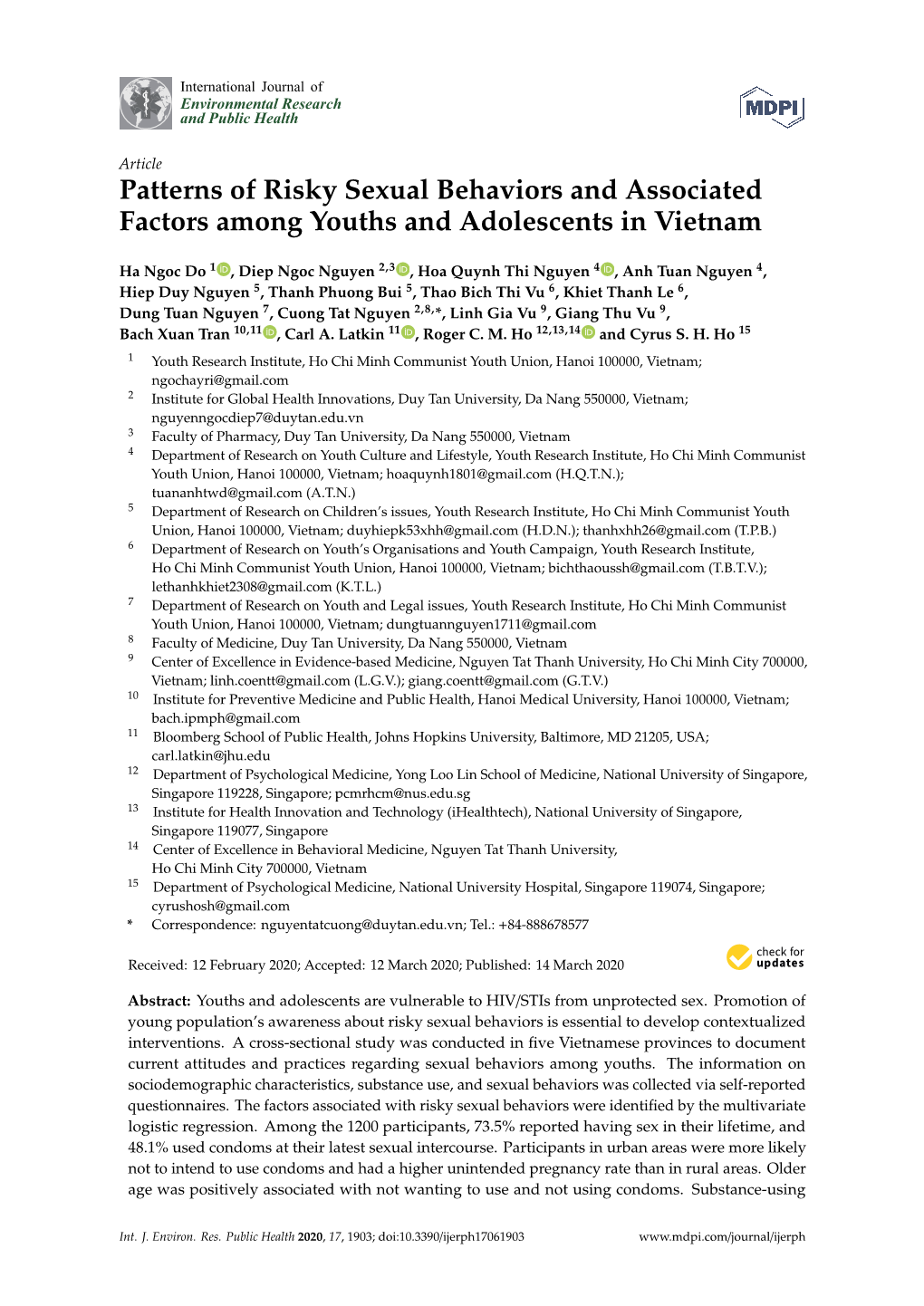 Patterns of Risky Sexual Behaviors and Associated Factors Among Youths and Adolescents in Vietnam