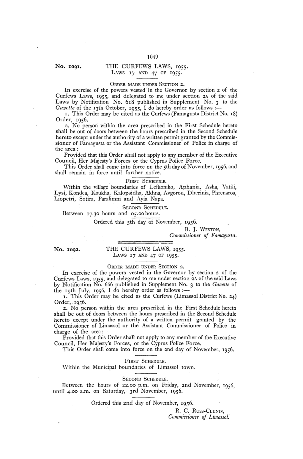 1049 No. 1091. the CURFEWS LAWS, 1955. in Exercise Of