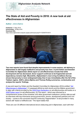 The State of Aid and Poverty in 2018: a New Look at Aid Effectiveness in Afghanistan
