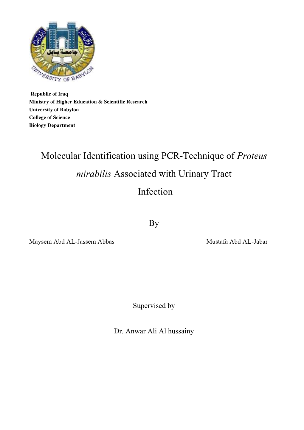 Molecular Identification Using PCR-Technique of Proteus Mirabilis Associated with Urinary Tract Infection