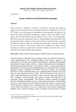 Annales School and Pakistani Historiography