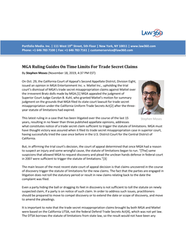 MGA Ruling Guides on Time Limits for Trade Secret Claims by Stephen Moses (November 18, 2019, 4:37 PM EST)