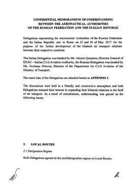 Confidential Memorandum of Understanding Between the Aeronautical Authorities of the Russian Federation and the Italian Republic