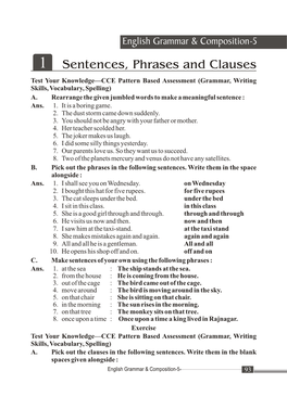 Sentences, Phrases and Clauses Test Your Knowledge—CCE Pattern Based Assessment (Grammar, Writing Skills, Vocabulary, Spelling) A