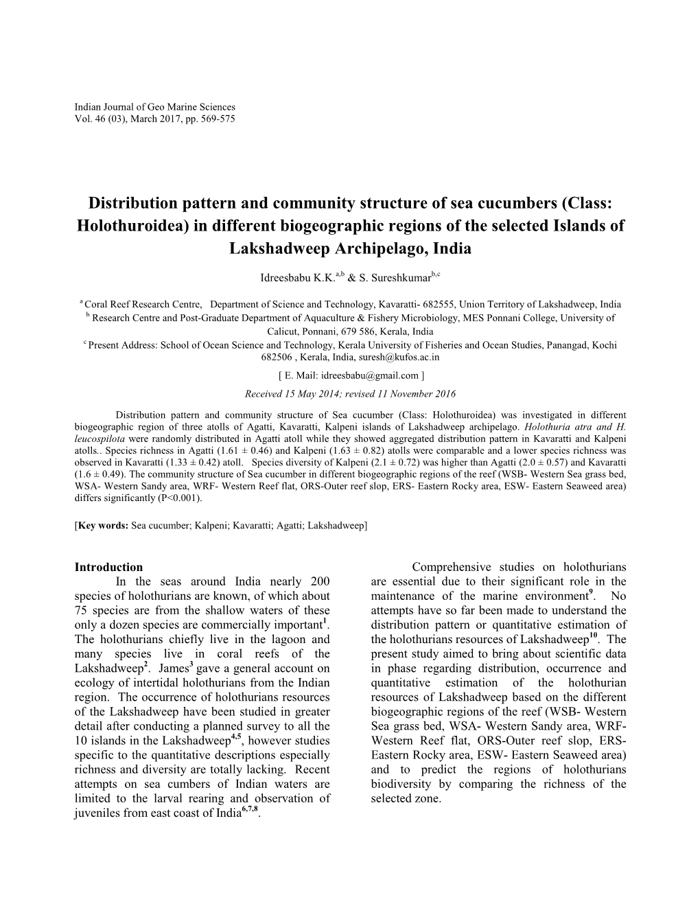 Distribution Pattern and Community Structure of Sea Cucumbers