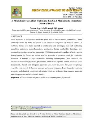 A Mini Review on Abies Webbiana Lindl.: a Medicinally Important Plant of India