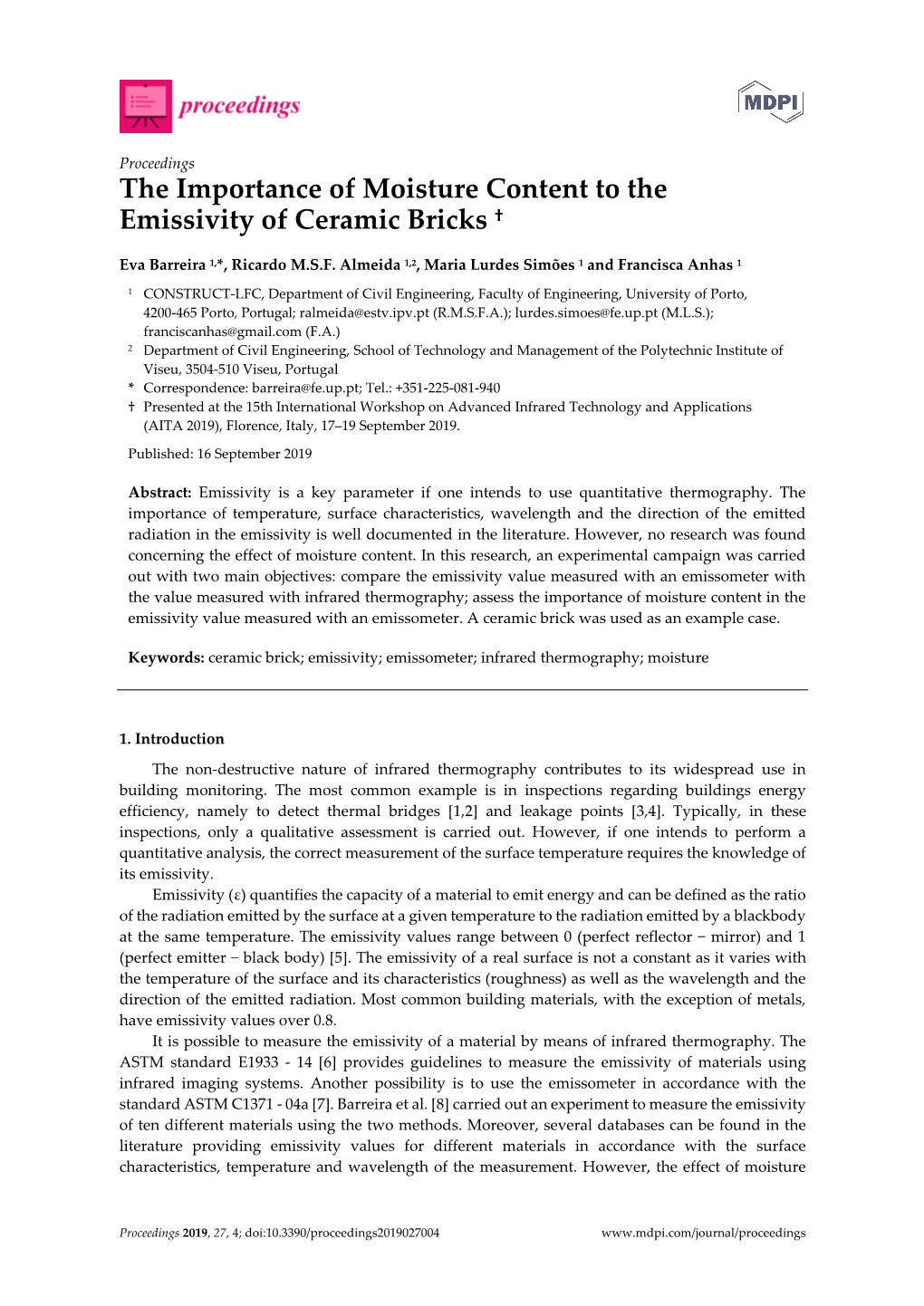 The Importance of Moisture Content to the Emissivity of Ceramic Bricks †