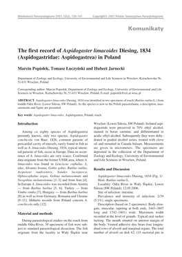 Komunikaty the First Record of Aspidogaster Limacoides Diesing, 1834 (Aspidogastridae: Aspidogastrea) in Poland