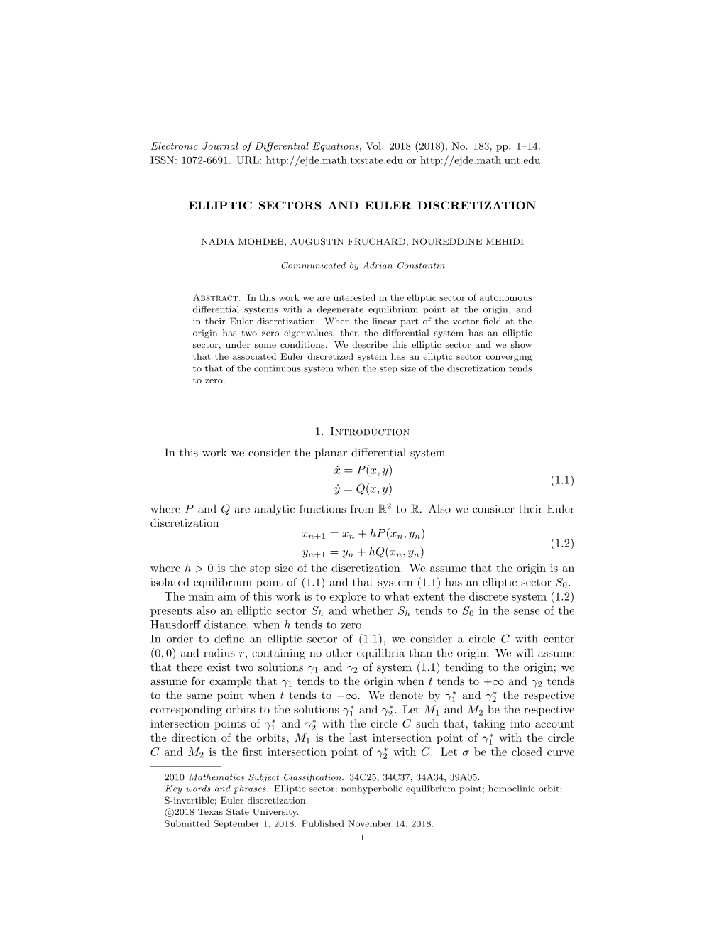 ELLIPTIC SECTORS and EULER DISCRETIZATION 1. Introduction In