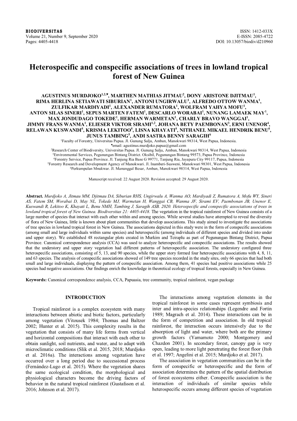 Heterospecific and Conspecific Associations of Trees in Lowland Tropical Forest of New Guinea