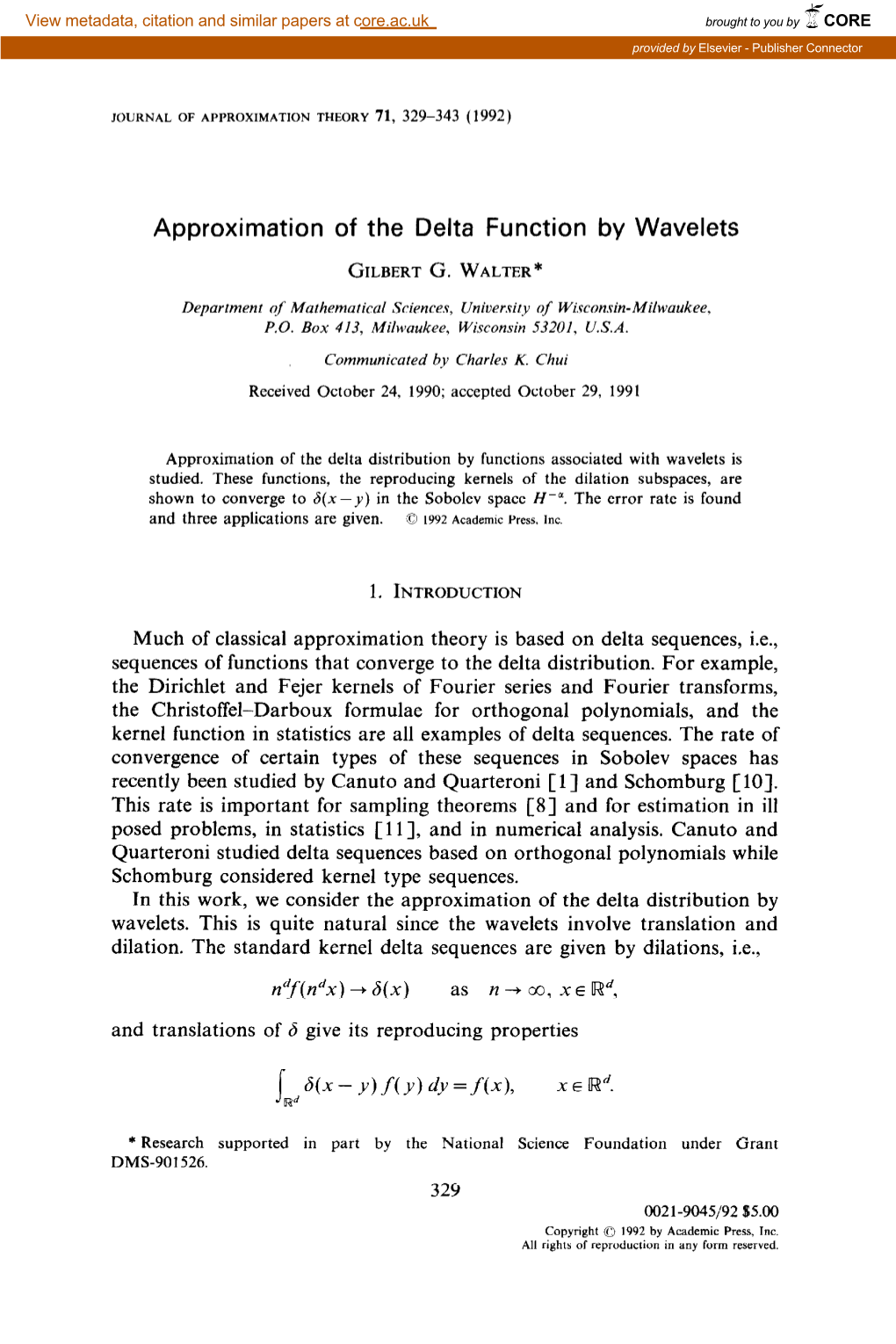 Approximation of the Delta Function by Wavelets GILBERT G