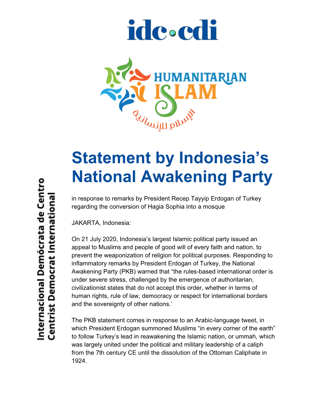 Statement by Indonesia's National Awakening Party