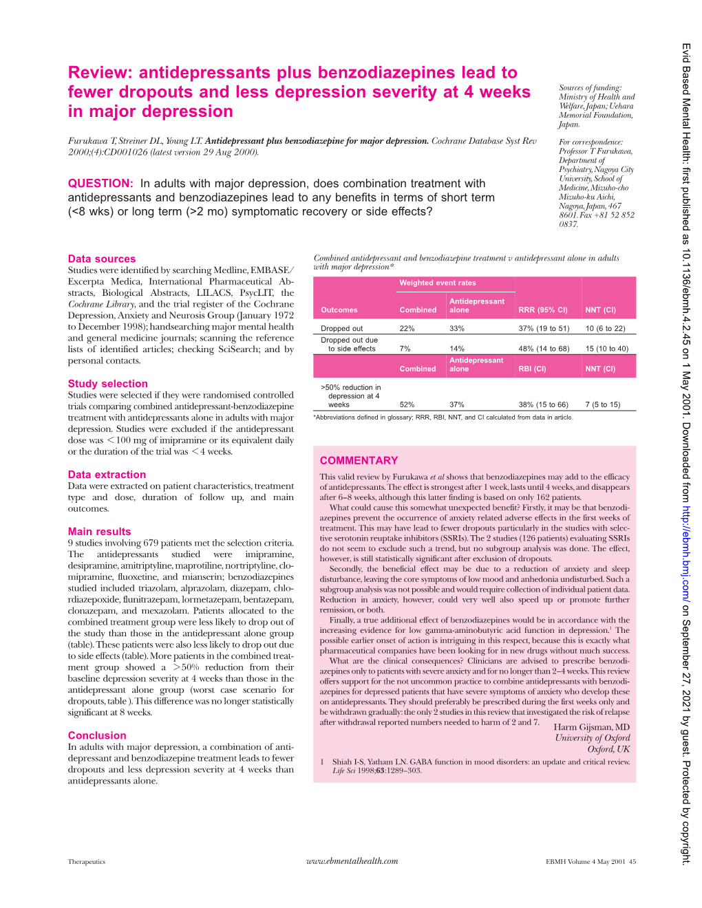 Antidepressants Plus Benzodiazepines Lead to Fewer Dropouts and Less Depression Severity at 4 Weeks in Major Depression