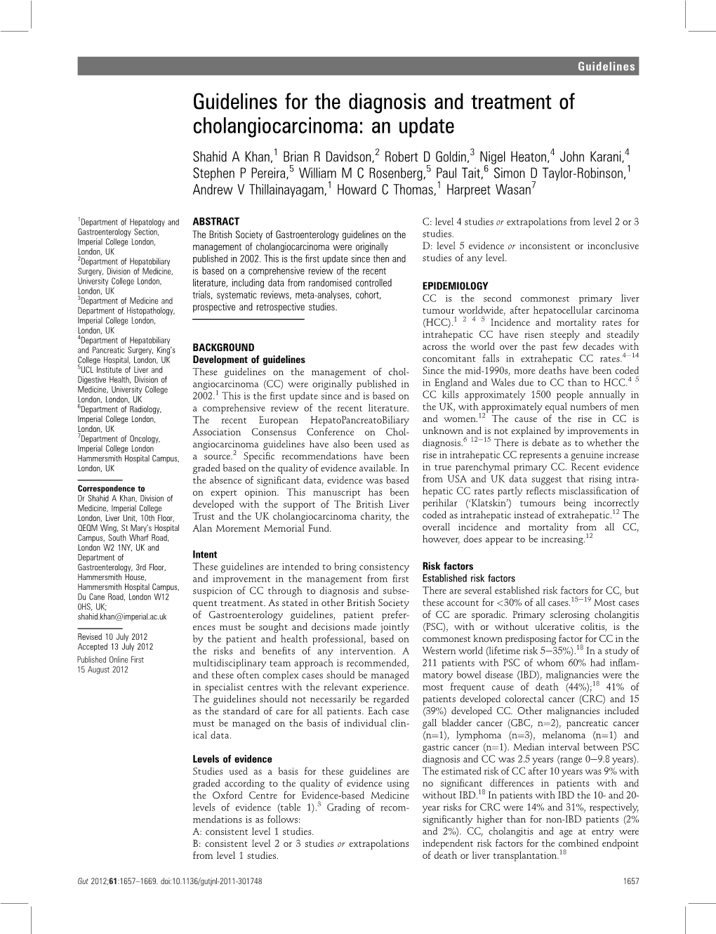 Guidelines for the Diagnosis and Treatment of Cholangiocarcinoma: an Update