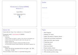 Introduction to Control (034040) Lecture No. 1