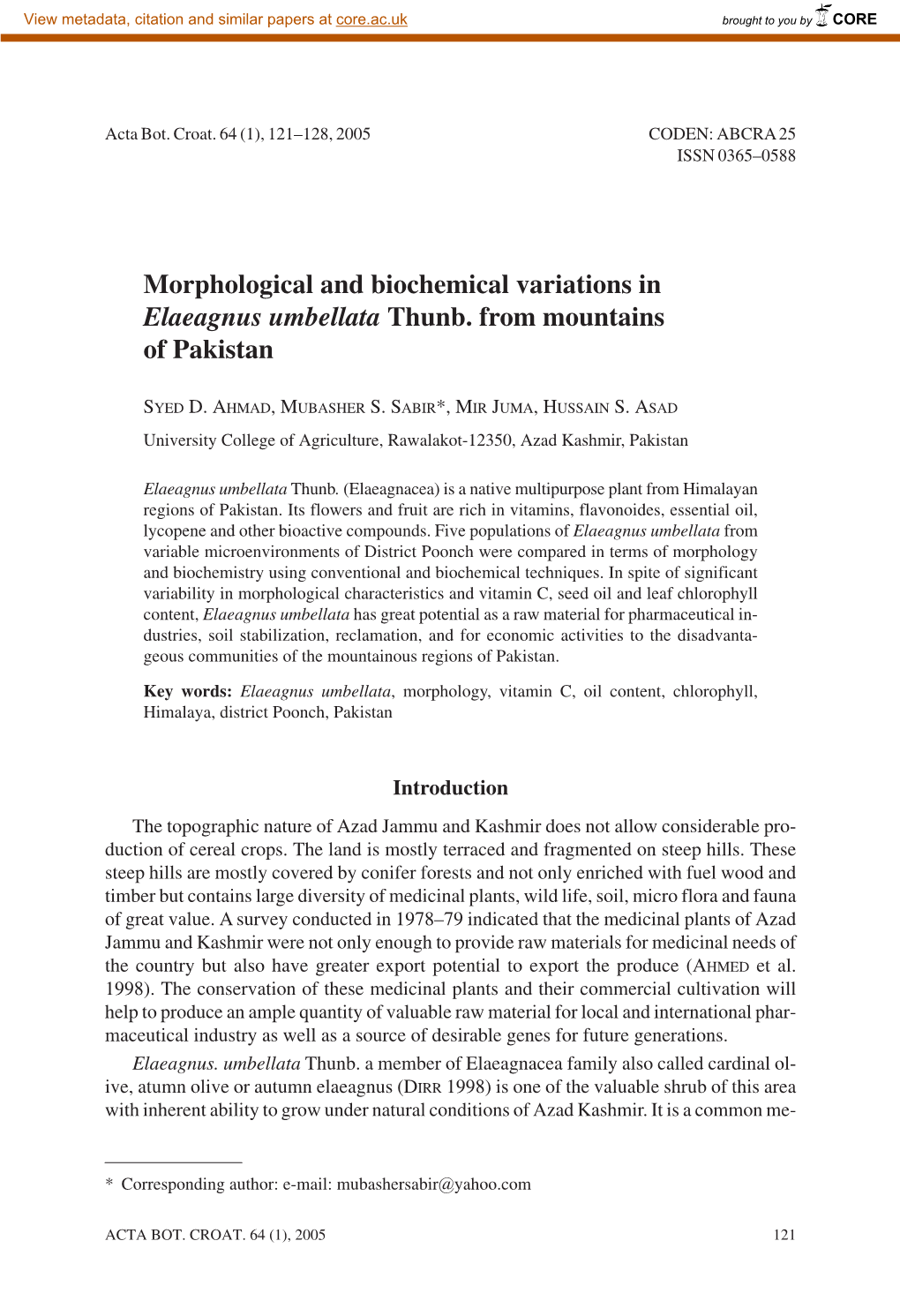 Morphological and Biochemical Variations in Elaeagnus Umbellata Thunb