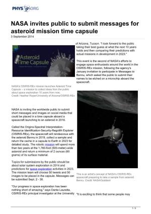 NASA Invites Public to Submit Messages for Asteroid Mission Time Capsule 3 September 2014