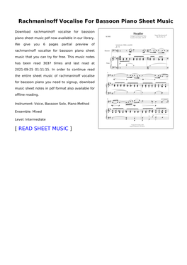Rachmaninoff Vocalise for Bassoon Piano Sheet Music