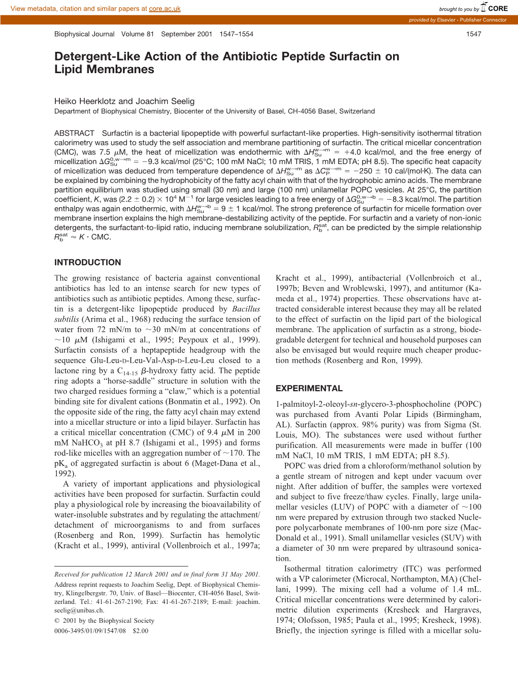 Detergent-Like Action of the Antibiotic Peptide Surfactin on Lipid Membranes