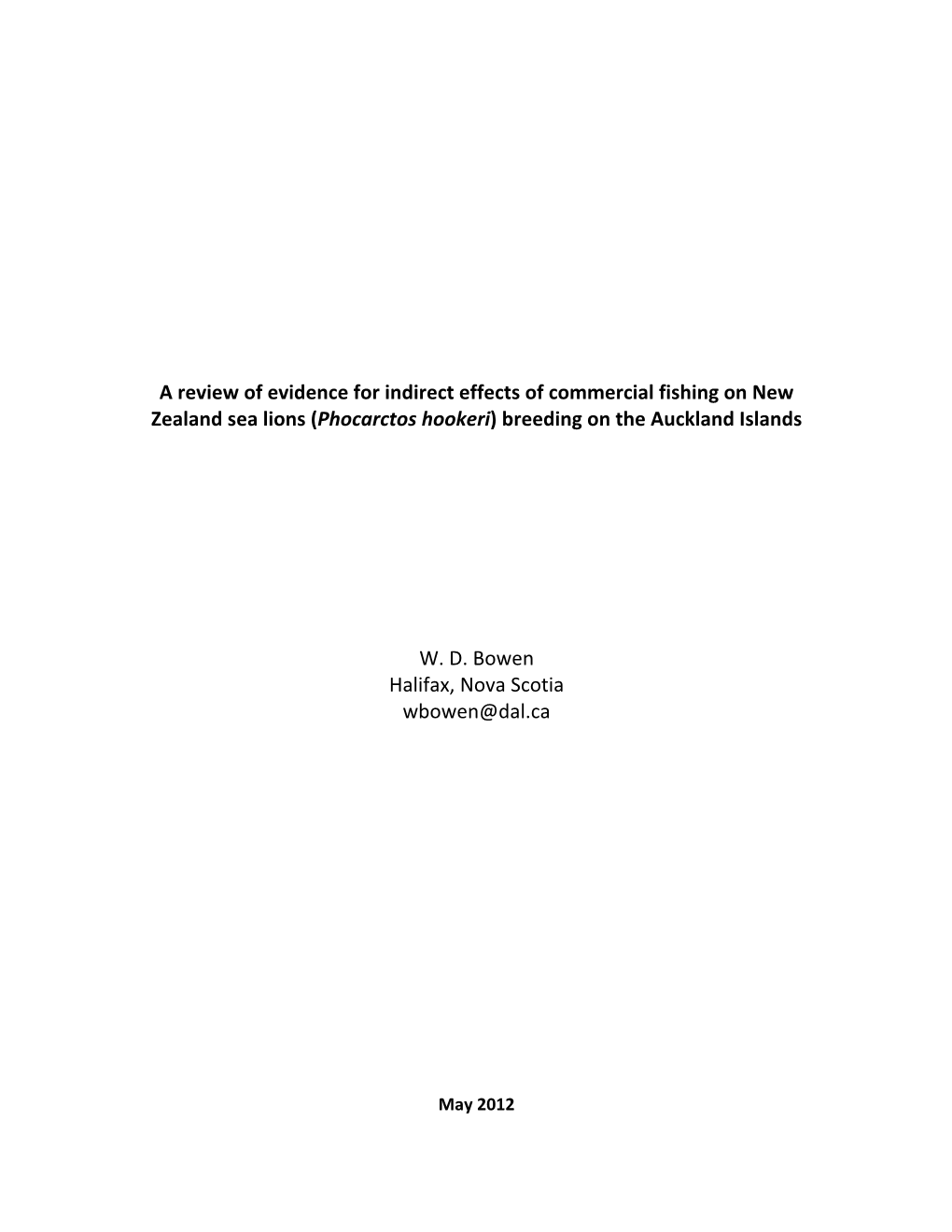 POP2010-01 a Review of Evidence for Indirect Effects of Commercial Fishing on NZ Sea Lions at the Auckland Islands