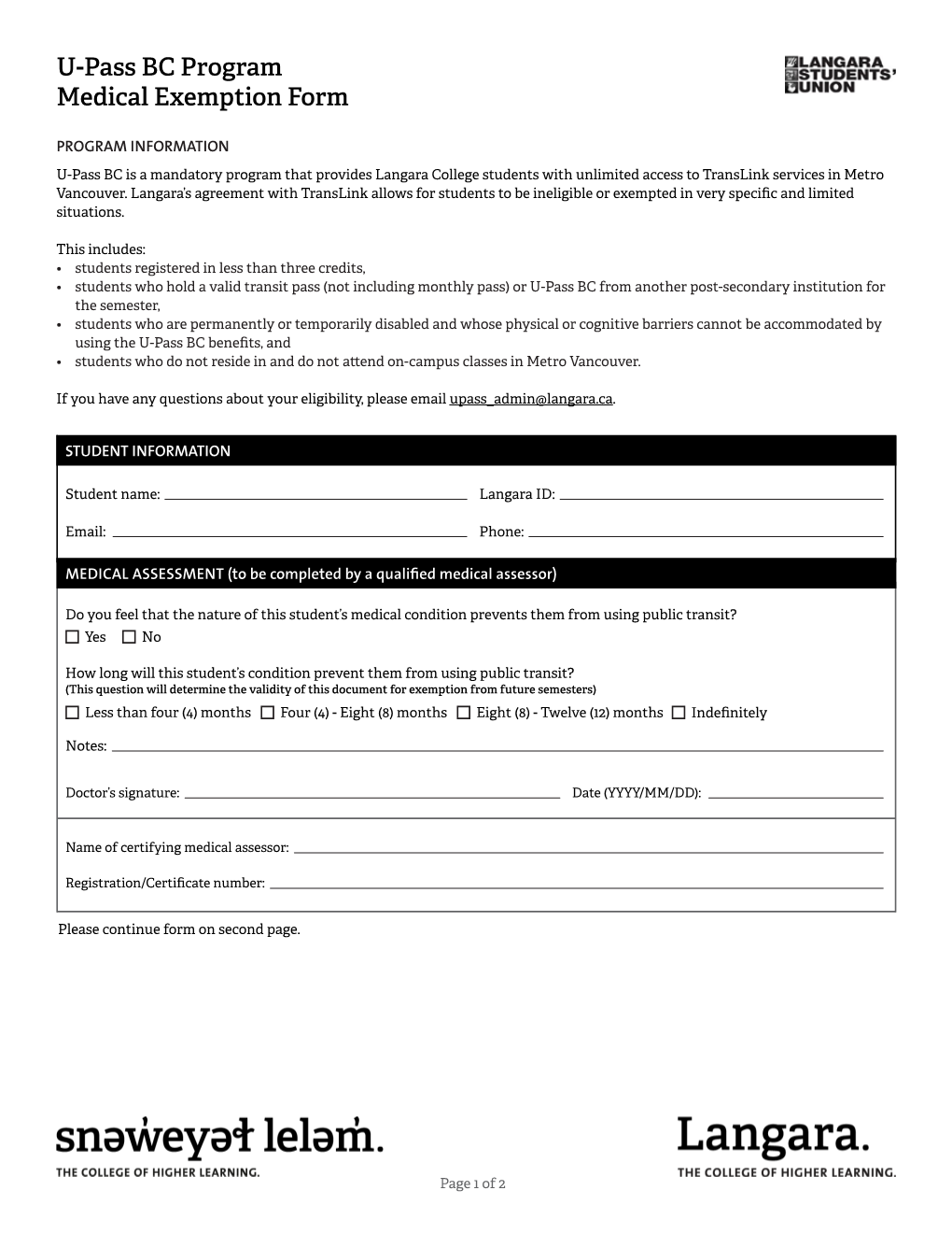 U-Pass BC Program Medical Exemption Form
