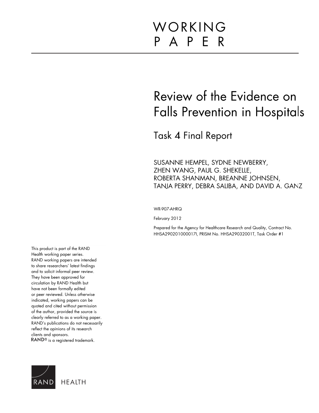 Review of the Evidence on Falls Prevention in Hospitals: Task 4