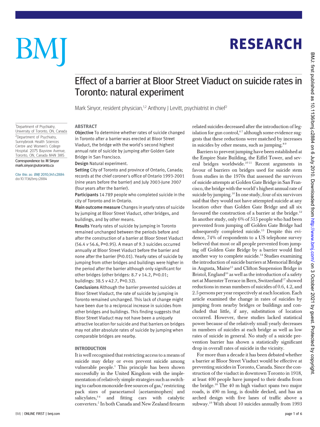 Effect of a Barrier at Bloor Street Viaduct on Suicide Rates in Toronto: Natural Experiment