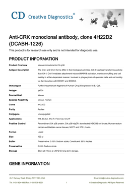 Anti-CRK Monoclonal Antibody, Clone 4H22D2 (DCABH-1226) This Product Is for Research Use Only and Is Not Intended for Diagnostic Use