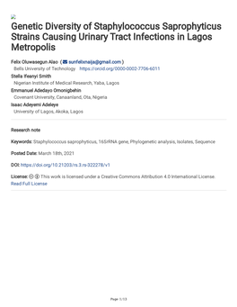 Genetic Diversity of Staphylococcus Saprophyticus Strains Causing Urinary Tract Infections in Lagos Metropolis