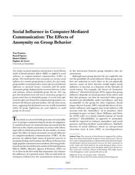 Social Influence in Computer-Mediated Communication: the Effects of Anonymity on Group Behavior