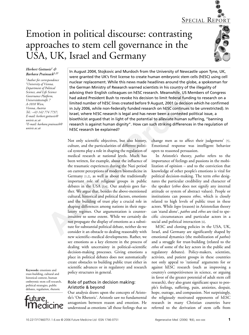 Emotion in Political Discourse: Contrasting Approaches to Stem Cell Governance in the USA, UK, Israel and Germany