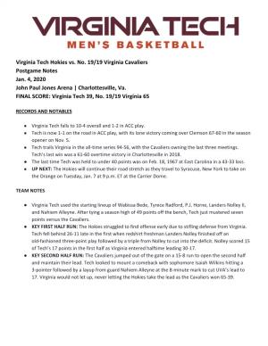 Virginia Tech Hokies Vs. No. 19/19 Virginia Cavaliers Postgame Notes Jan