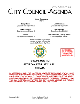 Special Meeting Saturday, February 20, 2021 9:00 A.M