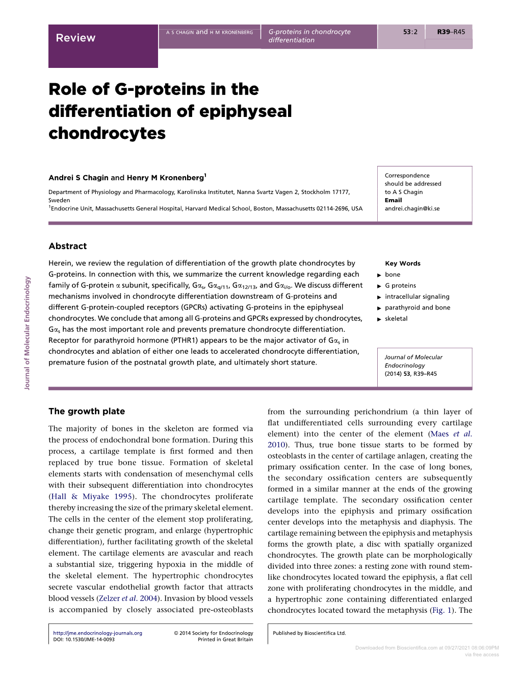 Role of G-Proteins in the Differentiation of Epiphyseal Chondrocytes