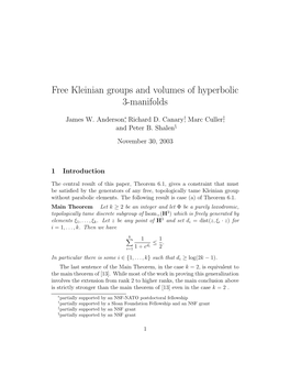 Free Kleinian Groups and Volumes of Hyperbolic 3-Manifolds