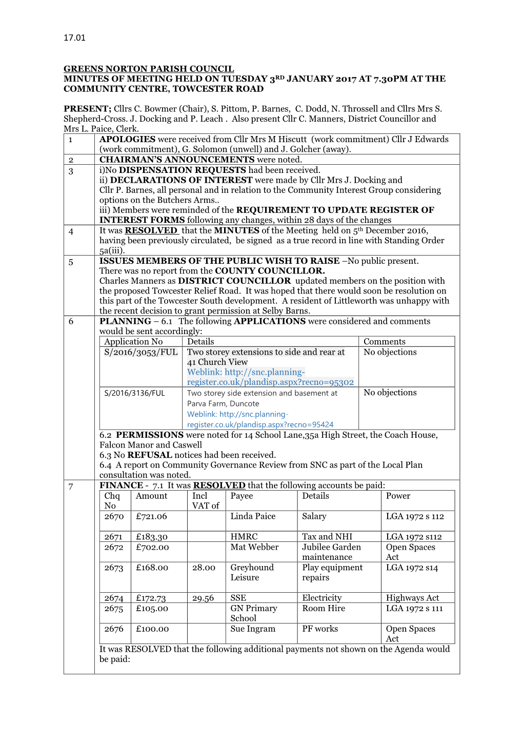 Greens Norton Parish Council Minutes of Meeting Held on Tuesday 3Rd January 2017 at 7.30Pm at the Community Centre, Towcester Road