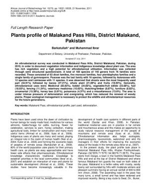 Plants Profile of Malakand Pass Hills, District Malakand, Pakistan