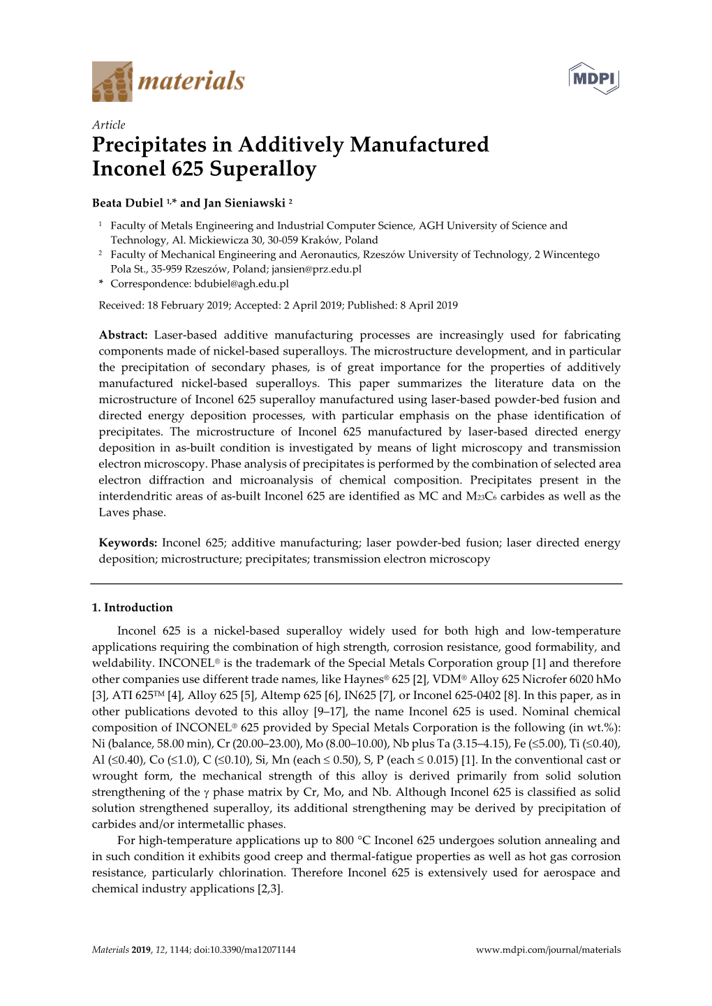 Precipitates in Additively Manufactured Inconel 625 Superalloy