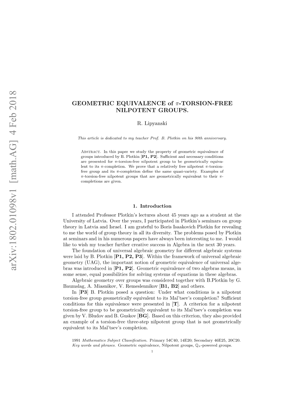 Arxiv:1802.01098V1 [Math.AG] 4 Feb 2018 Iet Ihm Ece Ute Raiescesi Ler Ntenex [ the Plotkin in B