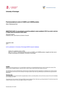 University of Groningen Post-Transcriptional Control of C/Ebpα and C/Ebpβ Proteins Zaini, Mohamad