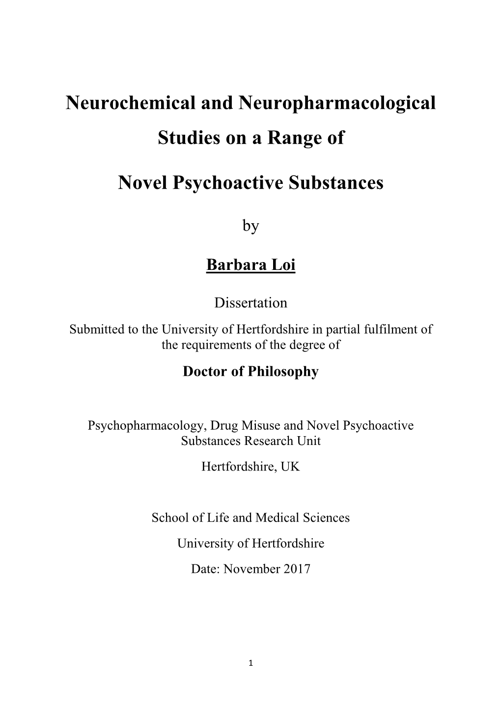 Neurochemical and Neuropharmacological Studies on a Range Of