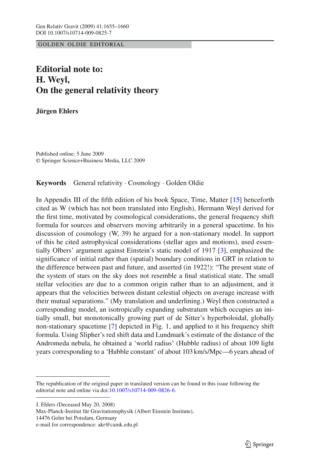 Editorial Note To: H. Weyl, on the General Relativity Theory