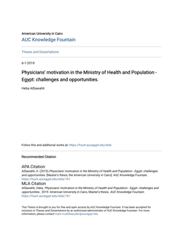 Physicians' Motivation in the Ministry of Health and Population - Egypt: Challenges and Opportunities