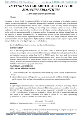 In Vitro Anti-Diabetic Activity of Solanum Erianthum