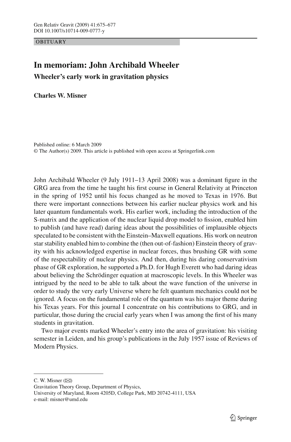 John Archibald Wheeler Wheeler’S Early Work in Gravitation Physics