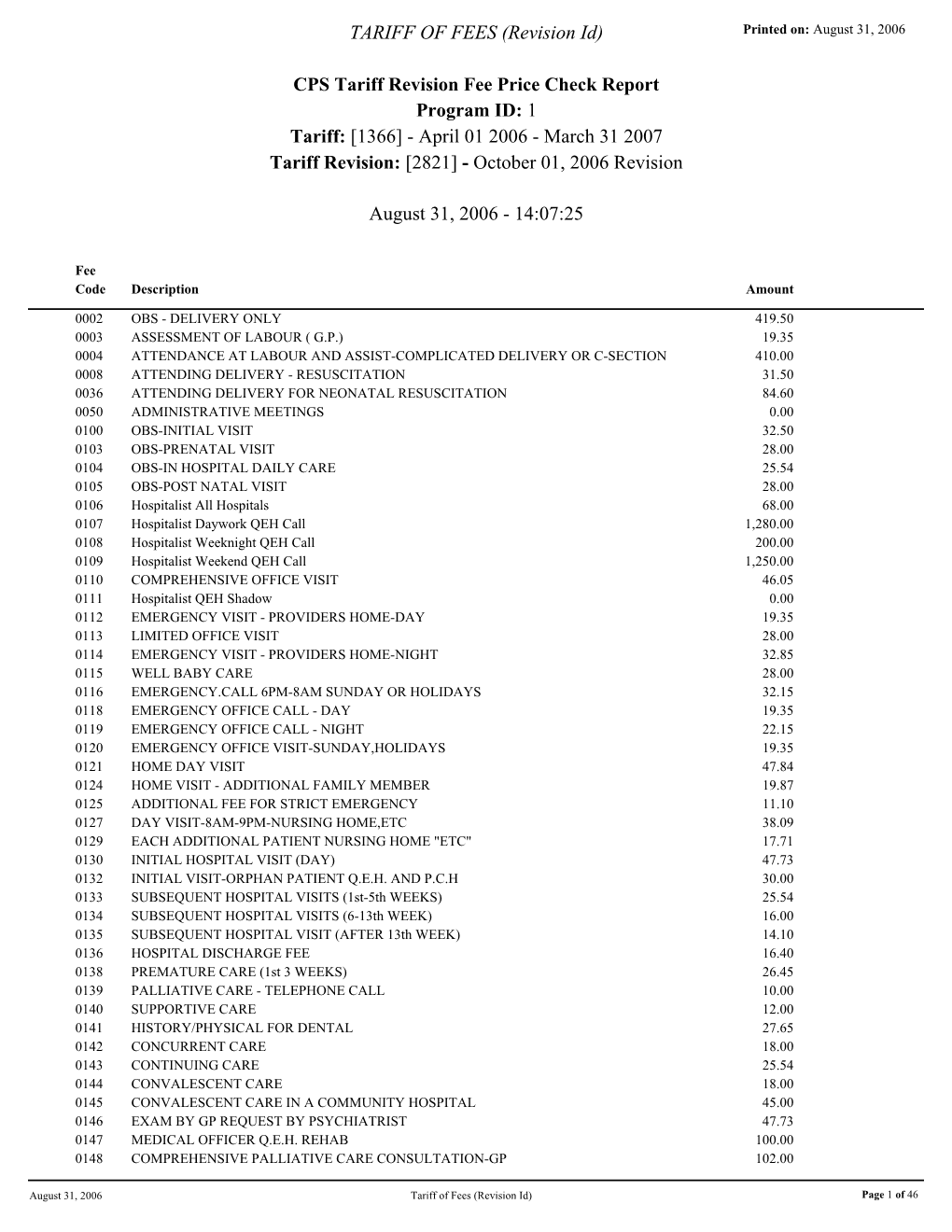 TARIFF of FEES (Revision Id) Printed On: August 31, 2006